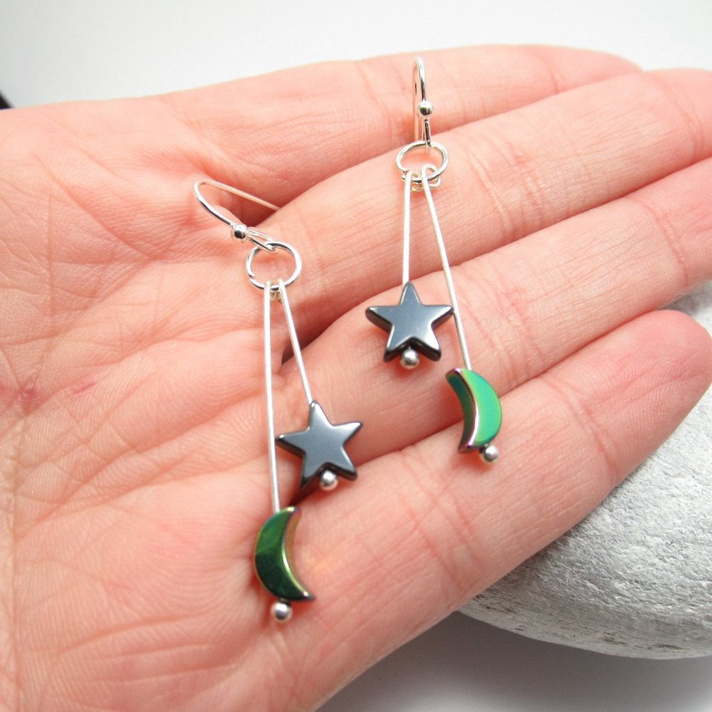 Hematite Star and Moon Earrings